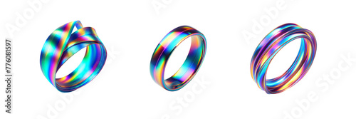 Set of Bright Holographic Ribbon Ring illustration, isolated over on transparent white background