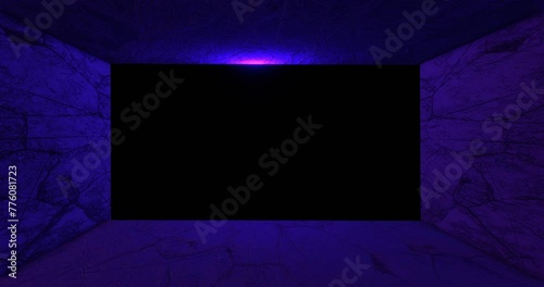 Neon stone room with frame and lighting. Laser purple 3d render rectangle with glow for nightclub and bar design flare of cyberpunk room 