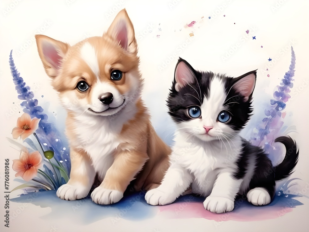 lovely fantastic magical drawing beautiful puppy and kitten 