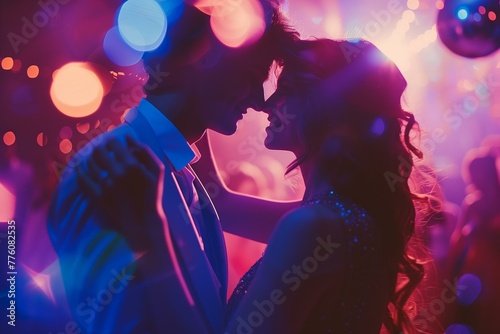 high school couple dancing on a dance floor at a high school prom, mirror ball above them, close up