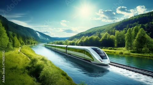 High - speed train driving through a beautiful landscape with a river and a forest