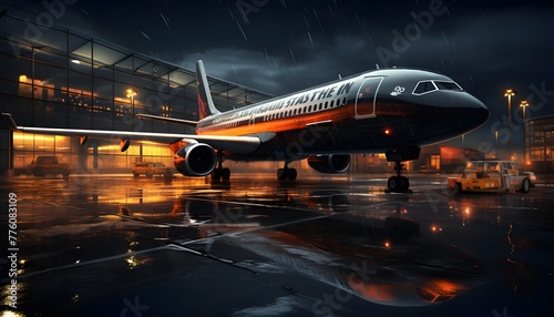 Passenger airplane on the background of the airport at night. 3d rendering