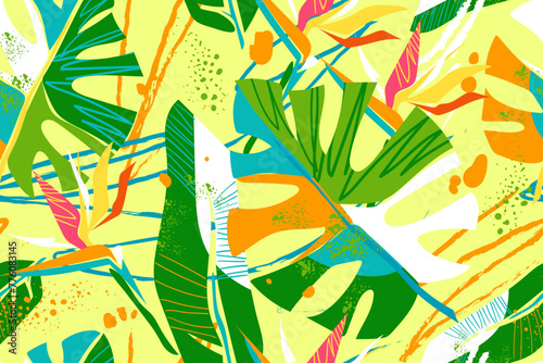 Abstract art seamless pattern with tropical leaves and flowers. Colorful strelitzia flowers, monstera leaves and abstract objects on yellow background. Modern exotic jungle plants. Vector. © Oksana_Skryp