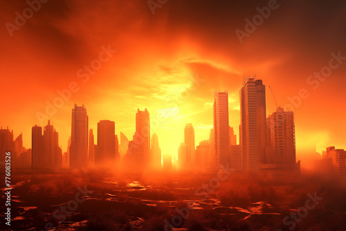 Heatwave on the city with the glowing sun background. Heatwave concept