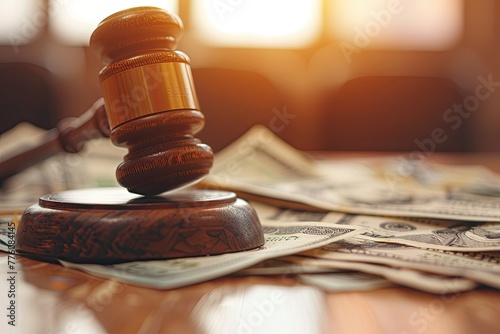 A wooden judge's gavel rests on a large stack of US dollar bills, symbolizing the intersection of law and finance. photo