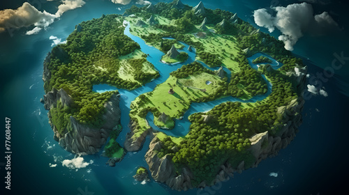 Aerial View of Vibrant Forest Shaped Like Earth Continents Representing Global Environmental Conservation Concept © jiejie