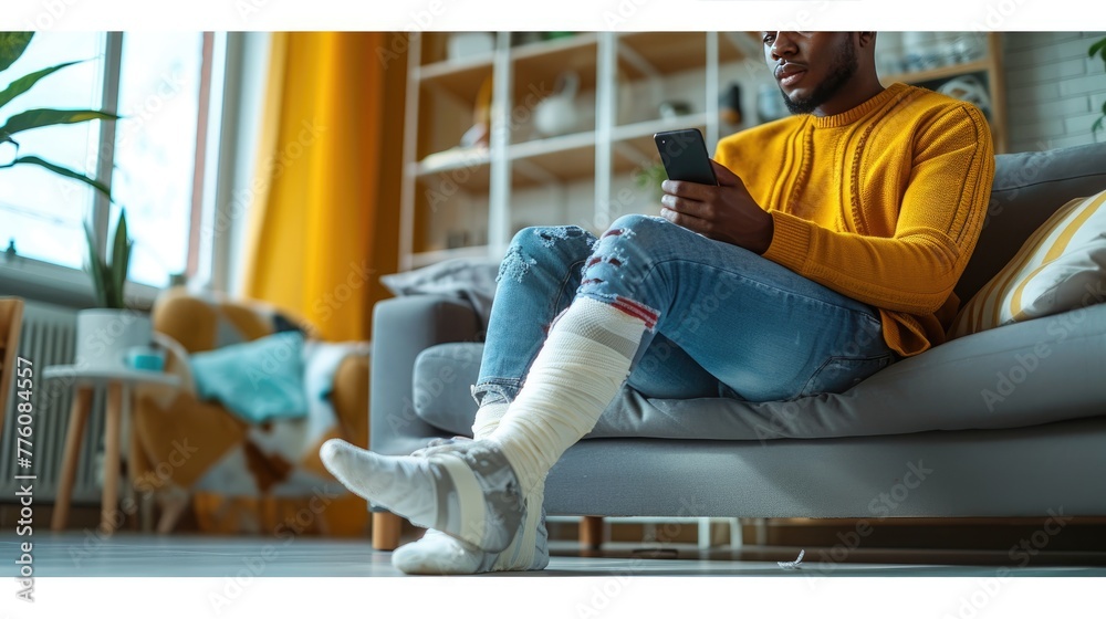 Man on Sofa with Injured Leg Using Phone, young man sits comfortably on a couch at home with a leg cast, engaged with his smartphone, suggesting recovery and connectivity