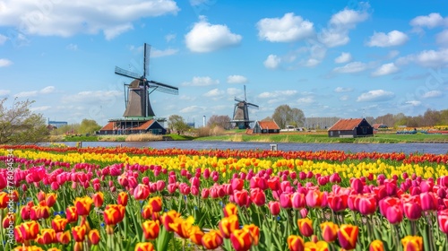 Traditional Windmills Behind Colorful Tulip Fields