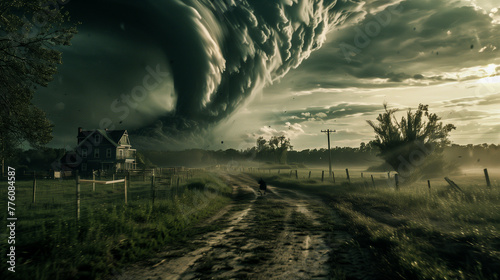 A tornado approaching a country house, creating a dark atmosphere