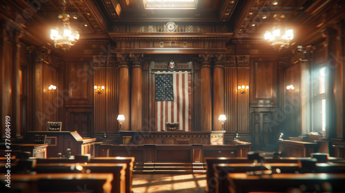 Regal Courtroom with American Flag, solemn, grand courtroom bathed in soft light, showcasing the iconic American flag and symbols of justice photo