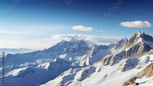 for advertisement and banner as Alpine Adventure Capturing the thrill of high altitude mountain landscapes. in Fresh Landscape theme ,Full depth of field, high quality ,include copy space on left, No 