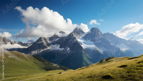 for advertisement and banner as Alpine Adventure Capturing the thrill of high altitude mountain landscapes. in Fresh Landscape theme ,Full depth of field, high quality ,include copy space on left, No 