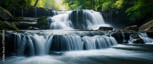 for advertisement and banner as Cascading Waters Illustrate the dynamic movement of waterfalls and cascades. in Fresh Landscape theme  Full depth of field  high quality  include copy space on left  No