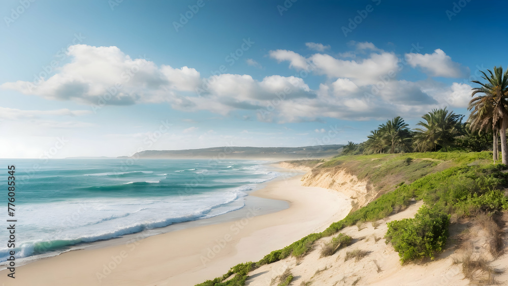 for advertisement and banner as Coastal Breeze Highlighting the refreshing and invigorating coastal landscapes. in Fresh Landscape theme ,Full depth of field, high quality ,include copy space on left,