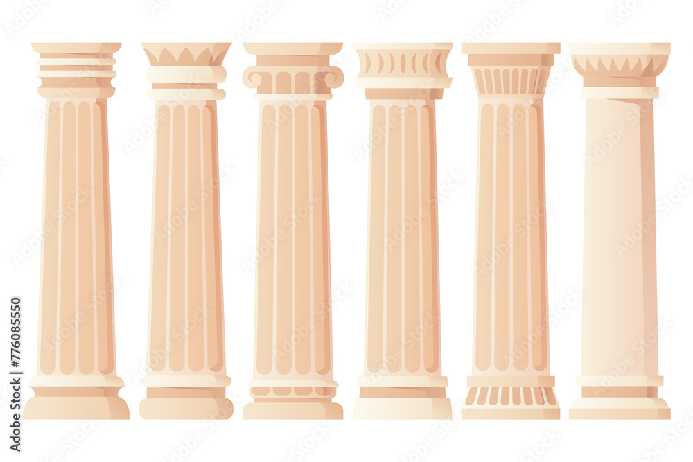 Ancient column set. Museum and exhibition. Cartoon greek or roman pillars. Antique decorative element. Cartoon flat isolated on white