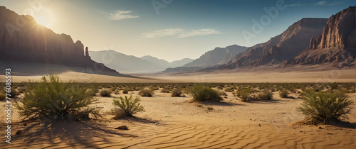 for advertisement and banner as Desert Mystique Convey the unique allure of arid and vast desertscapes. in Global Business theme ,Full depth of field, high quality ,include copy space on left, No noi
