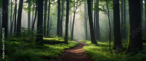 for advertisement and banner as Forest Whispers Convey the mystical allure of whispering woods and forests. in Fresh Landscape theme ,Full depth of field, high quality ,include copy space on left, No 