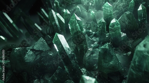 crystals, royal green color of gemstones on a dark background, global light, dramatic lights, dark cave ambient reflect light 