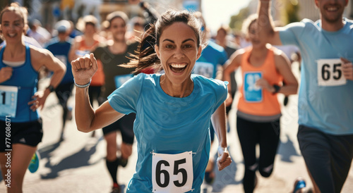 A woman in athletic wear with a "65" race number on her chest is running along the street during a marathon, surrounded by other runners