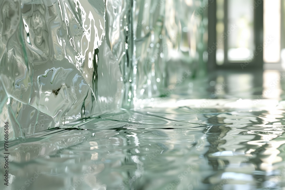 Close-up of a textured glass surface mimicking melting ice, enhanced by droplets and light play