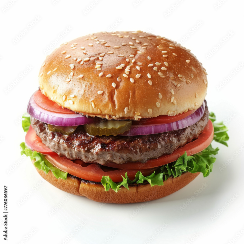 Juicy beef hamburger with lettuce, tomato, pickles, and onions, served on a sesame seed bun. Juicy beef hamburger with lettuce, tomato, pickles, and onions, served on a sesame seed bun.