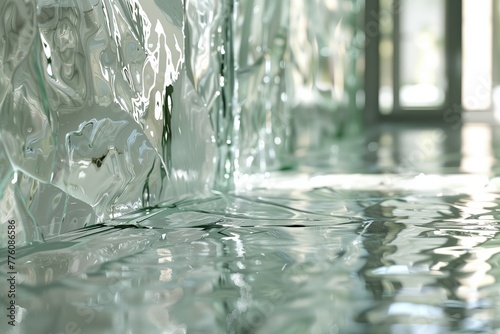 Close-up of a textured glass surface mimicking melting ice, enhanced by droplets and light play