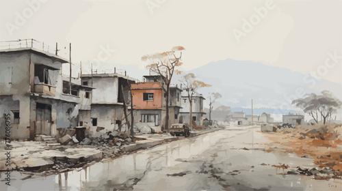 Watercolor Depiction of Abandoned Urban Area with Reflections, vector illustration © Agustin A
