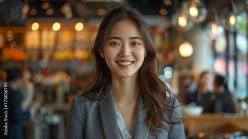 Feel the upbeat vibes in the air as a young businesswoman, a beautiful manager, infuses her modern office with positivity, turning each workday into a delightful journey. Generative AI.