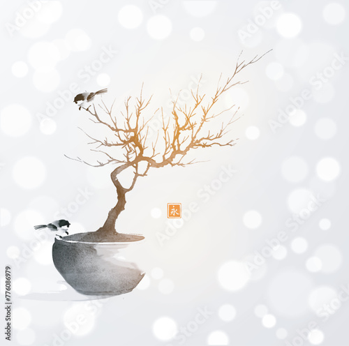 Ink painting with little birds sitting on bonsai tree on white shimmering background. Traditional oriental ink painting sumi-e, u-sin, go-hua. Translation of hieroglyph - eternity