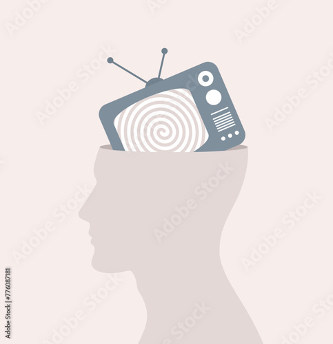 A male silhouette with a TV in his head, a hypnotic spiral on the TV screen. Flat vector illustration