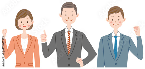 ガッツポーズ　サムズアップする会社員　仕事仲間