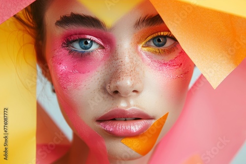 Fashion model's face with pink and yellow geometric shapes. makeup © Elena