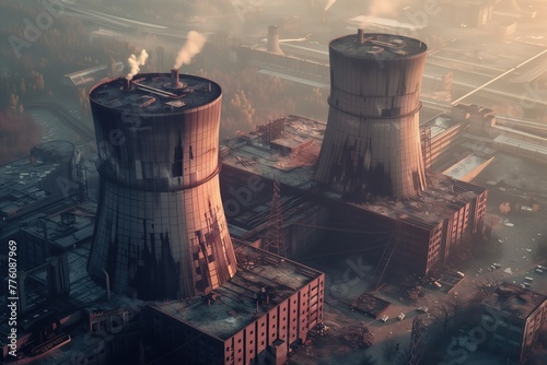 industrial area with two tall nuclear towers, aerial view in the morning light, dystopian and postapocalyptic, abandoned buildings around the towers, desaturated colors, smoggy atmosphere photo