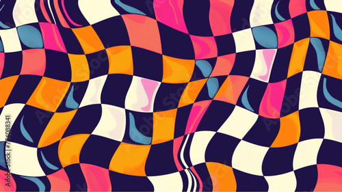 Groovy hippie 70s backgrounds. Checkerboard, chessboard, mesh, waves patterns. Twisted and distorted vector texture in trendy retro psychedelic style