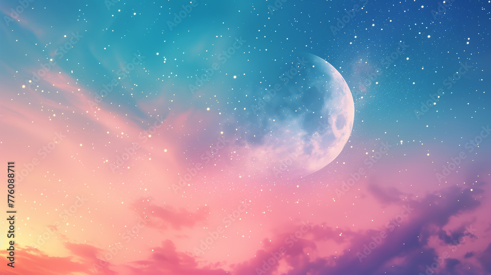 Celestial Dreamscape: Serene Moon Against Twilight Hues and Starry Sky for Tranquil Wallpaper and Ethereal Backdrops