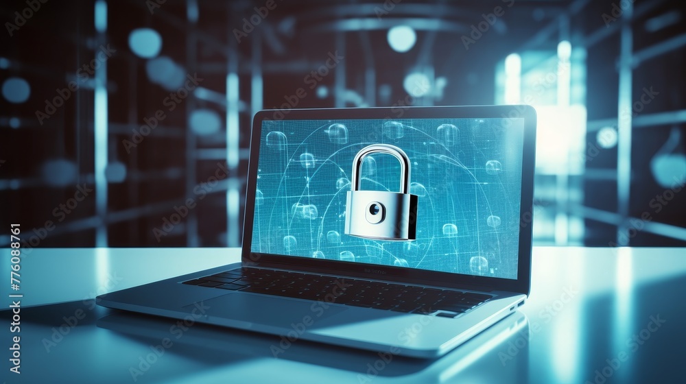 Laptop on desk in modern office with cyber security Laptop on desk in modern office with cyber security