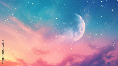 Celestial Dreamscape: Serene Moon Against Twilight Hues and Starry Sky for Tranquil Wallpaper and Ethereal Backdrops