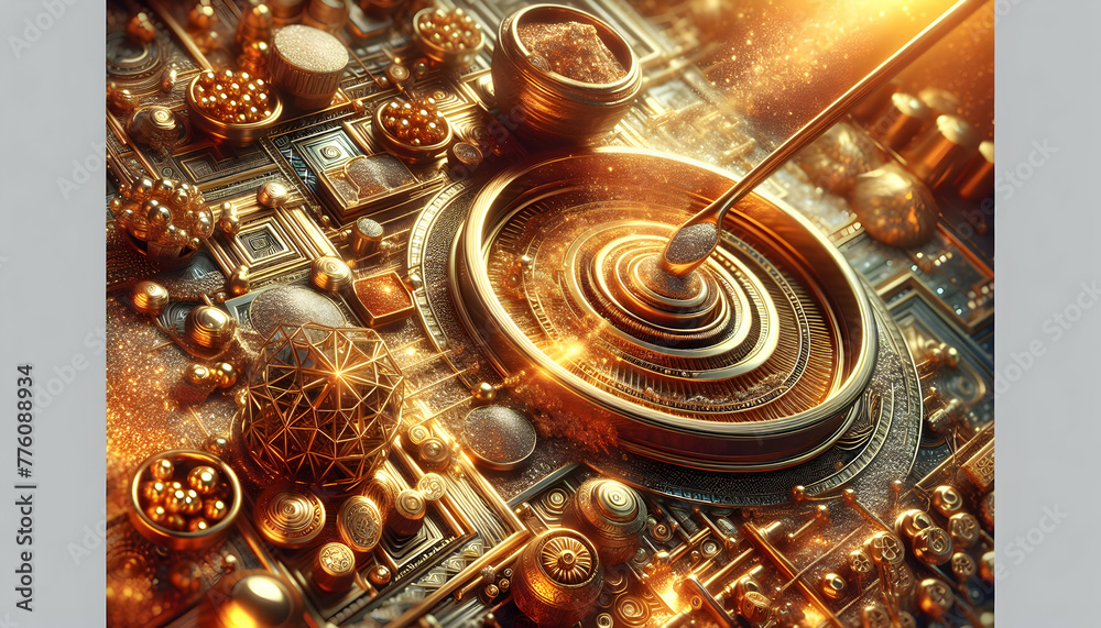 for advertisement and banner as Refinery Rhythm The rhythmic process of gold refining captured in a close up. in Gold Crafting theme ,Full depth of field, high quality ,include copy space on left, No for advertisement and banner as Refinery Rhythm The rhythmic process of gold refining captured in a close up. in Gold Crafting theme ,Full depth of field, high quality ,include copy space on left, No