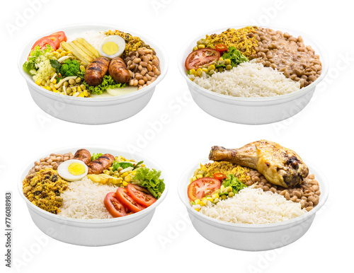 marmita, brazilian food served in styrofoam pots, lunch or cheap meal, rice with beans, sausage or chicken thigh and salad, typical brazilian meal on isolated white background