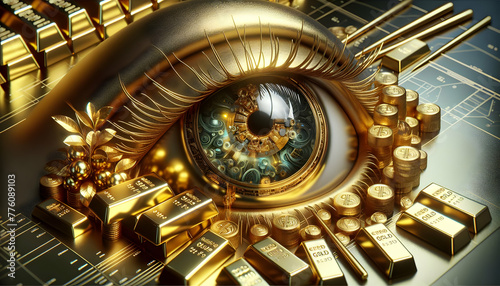 for advertisement and banner as Reflection of Riches The reflection in an eye showcases the glowing allure of freshly minted gold bars. in Gold Crafting theme  Full depth of field  high quality  inclu