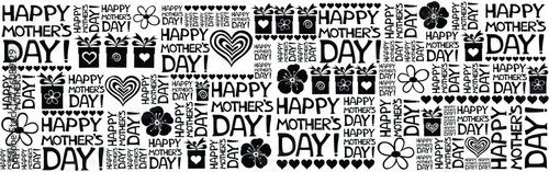 Happy Mothers Day. Lettering design.  Horizontal card format for web banner or header. Hand drawn lettering in black and white colors. Vector illustration