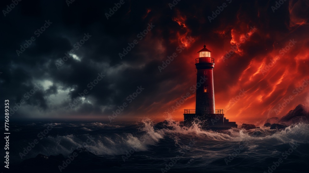  Light house in a storm with red glow and red lighting