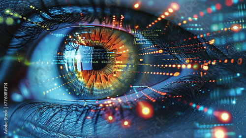 close-up of human eye and ascii graphics, data visualization, abstract concept of eye ID scan, digital control, metarverse photo