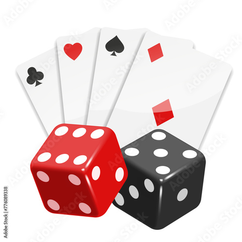 Fan of cards and two dice. Vector illustration isolated on white background.