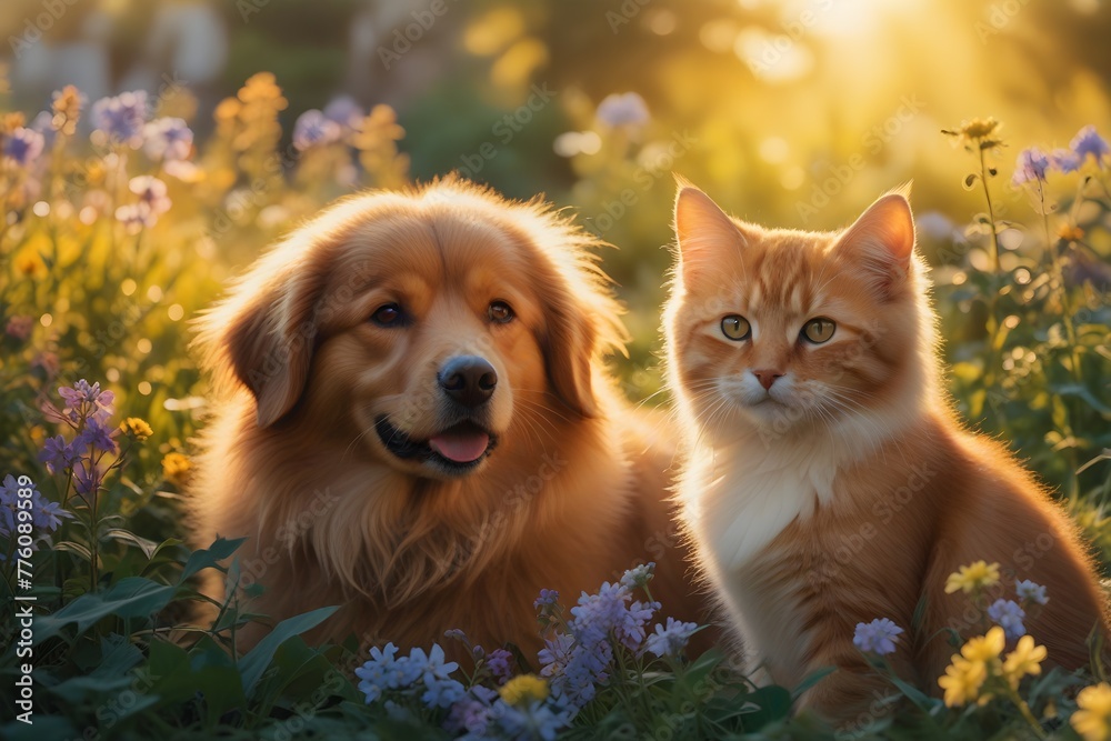 A playful puppy and a curious kitty sit side by side A playful puppy and a curious kitty sit side by side