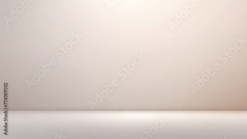 White background in soft neutral tones whith gradient. Empty free space in beige and white with top lighting for showing. Desktop mockup with imitation wall and table for product presentation. photo