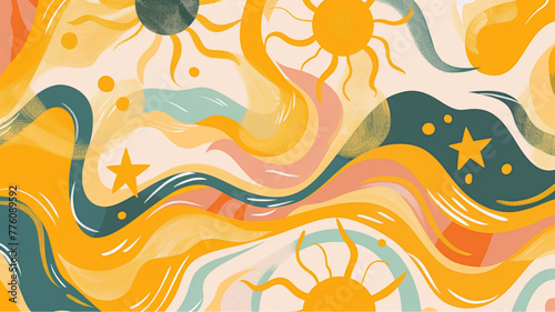 Groovy retro abstract sun backgrounds. Organic doodle shapes in trendy naive hippie 60s 70s style. Contemporary poster print banner template. © Amer