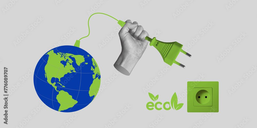 Green energy concept. Hand with electric plug connects globe to eco-friendly outlet. Minimalist art collage - obrazy, fototapety, plakaty 