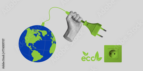 Green energy concept. Hand with electric plug connects globe to eco-friendly outlet. Minimalist art collage