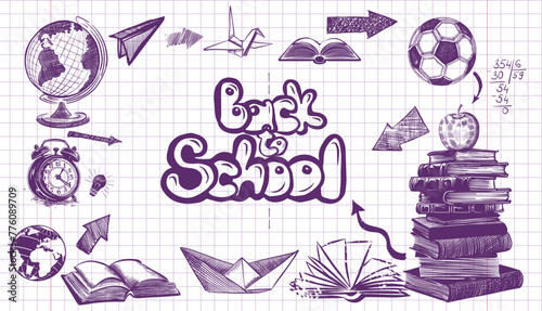 Welcome Back to school horizontal banner, doodle on checkered paper background, vector illustration. Drawing with a blue pen on a notebook sheet . Handmade, not AI Vector illustration